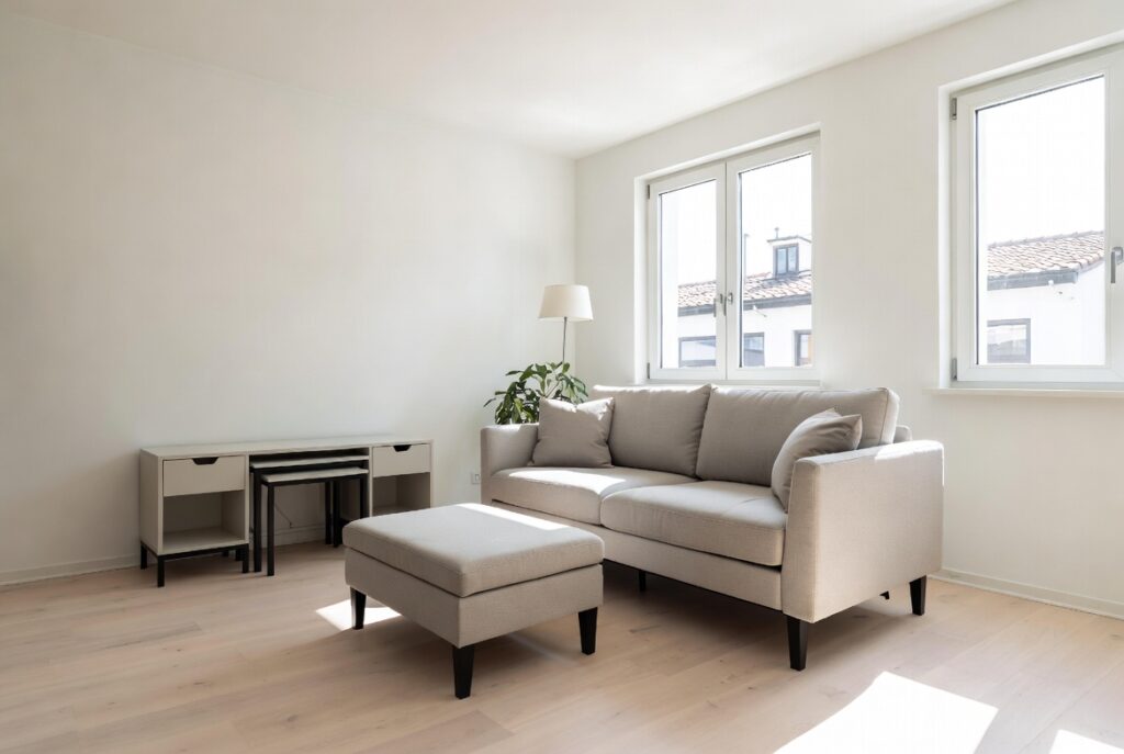"Use multipurpose furniture throughout small living room to save space - Sofa bed storage ottoman nesting tables and slim console creating functional open and spacious modern interior"