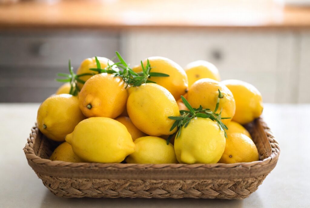 Woven bowl filled with bright fresh lemons and green sprigs on sunny kitchen counter, warm natural light
