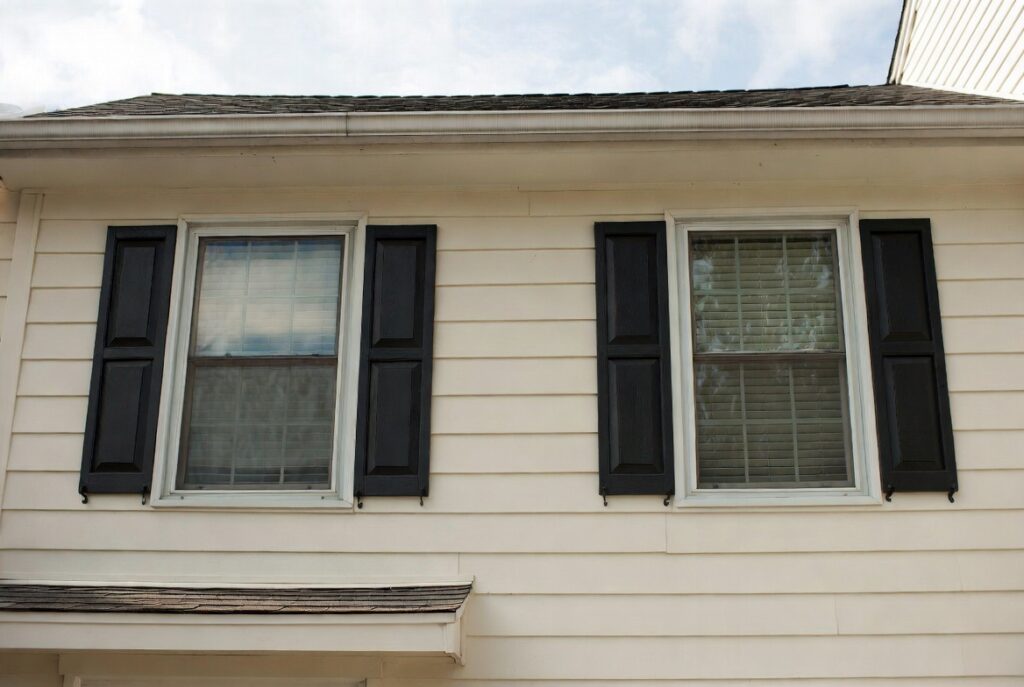 Home exterior with correctly proportioned dark shutters framing double-hung windows on warm cream siding, natural daylight