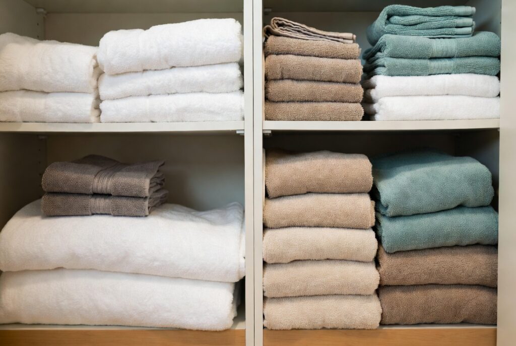Neatly organized linen closet with towels folded face-out and matching sets stacked by color, natural light