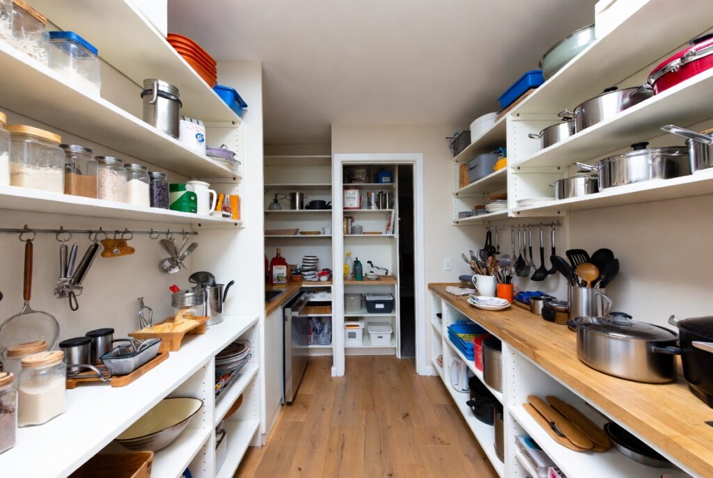 Organized kitchen with clear zones and baking supplies grouped on open shelves, natural daylight, tidy home interior