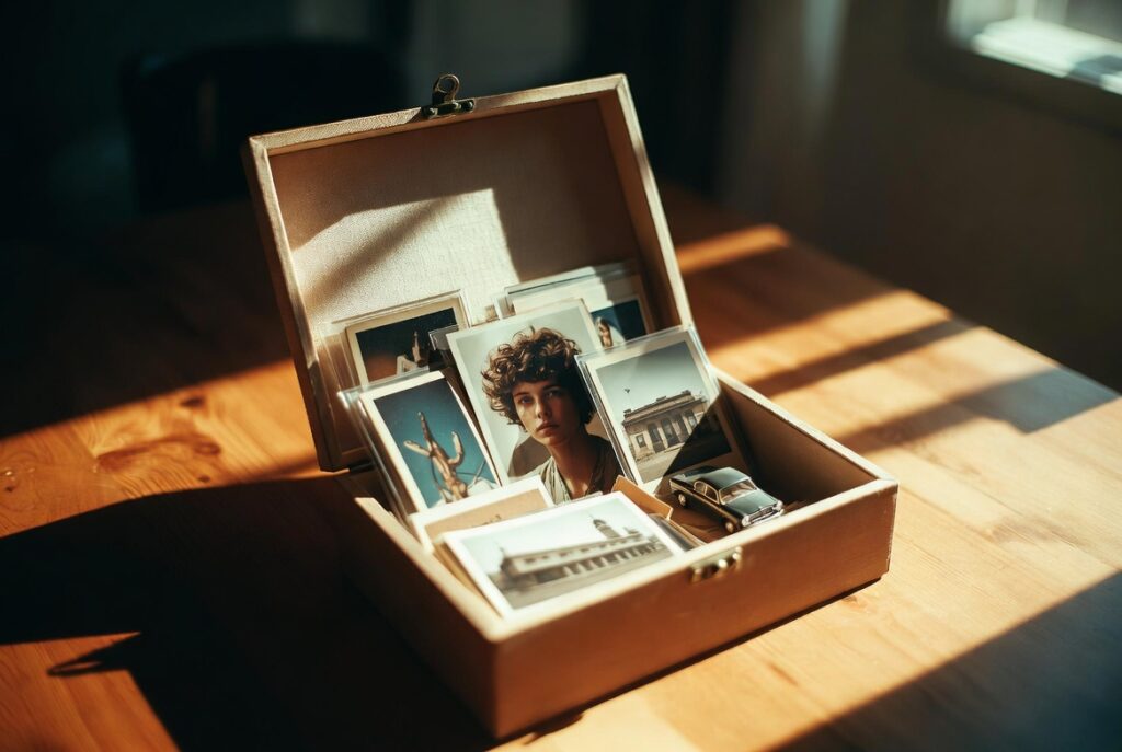 Curated keepsake box open on table with meaningful photos and objects neatly arranged inside, warm natural light