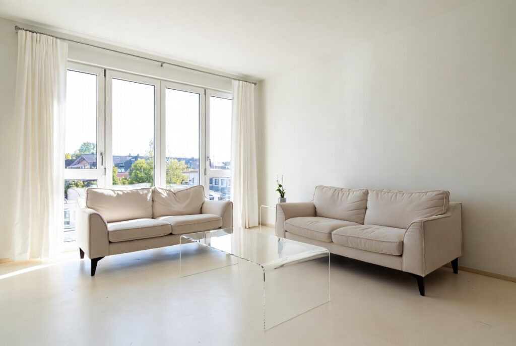 "Choose glass or Lucite coffee table in small living room to make space feel bigger - Transparent acrylic table creating open airy feel with maximum light flow and visual space"