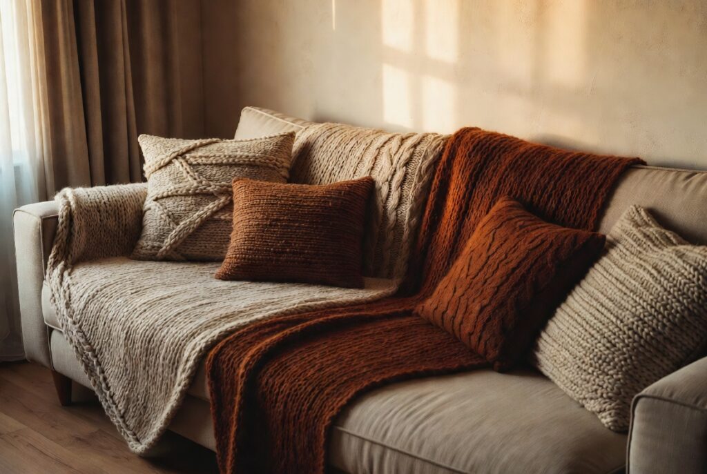Cozy sofa layered with chunky throws and textured cushions in warm earthy tones, soft autumn light