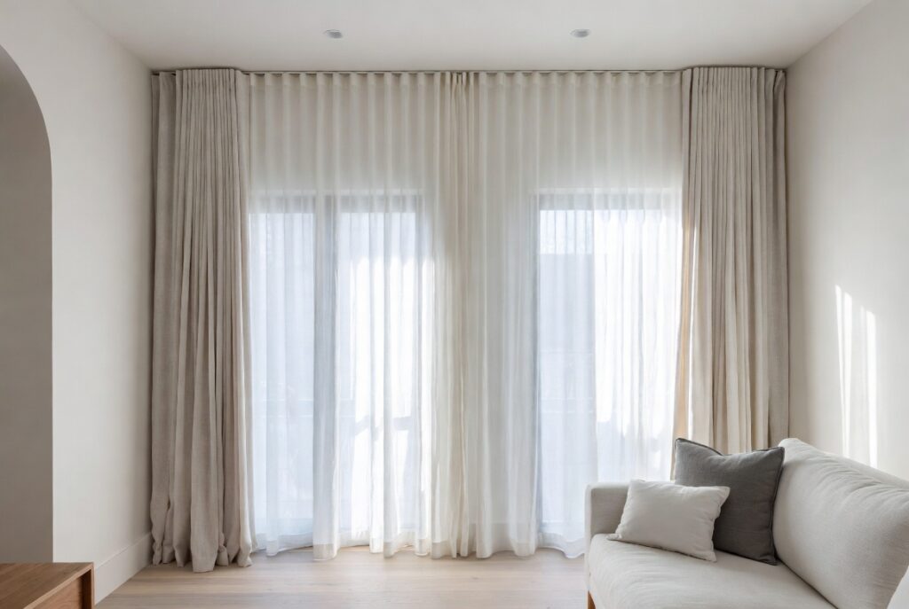 "Use curtains to fake bigger windows in small living room - Floor-to-ceiling long light curtains hung high and wide to make windows look larger and create spacious open feel"
