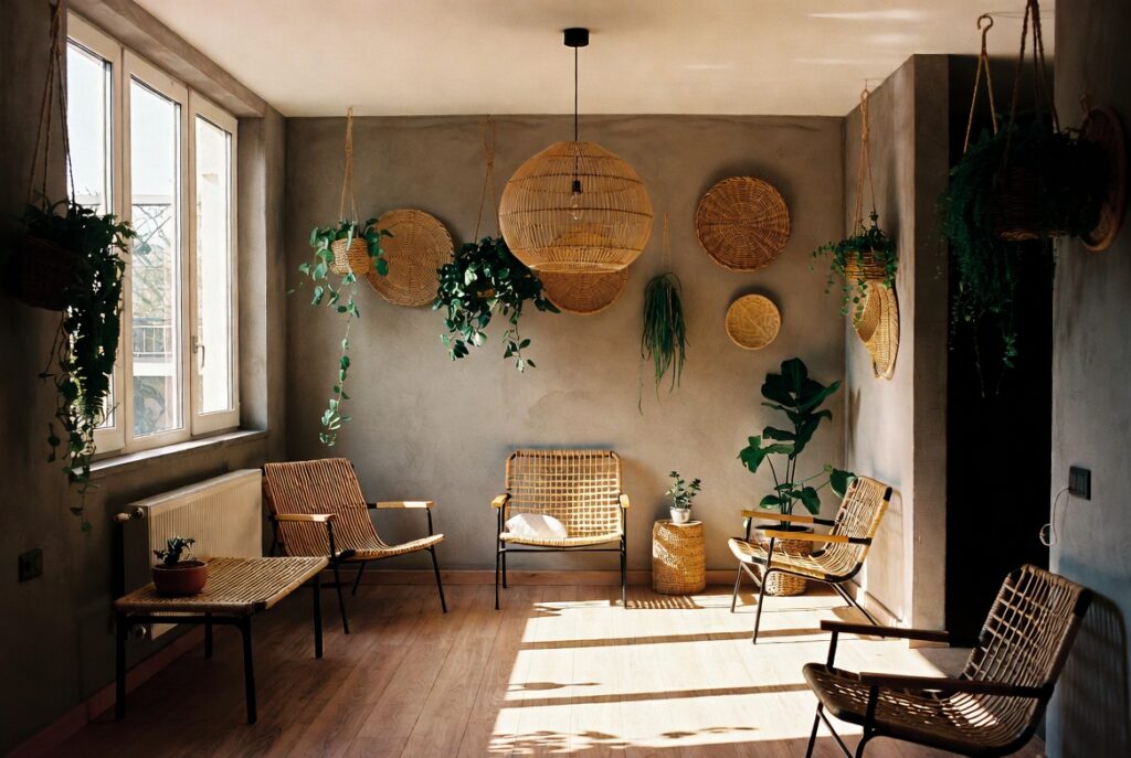 Bright room layered with rattan furniture, woven baskets and botanical accents in biophilic style, natural light