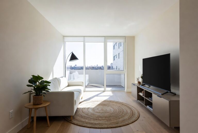 Bright modern living room with large windows neutral furniture and stylish decor accents