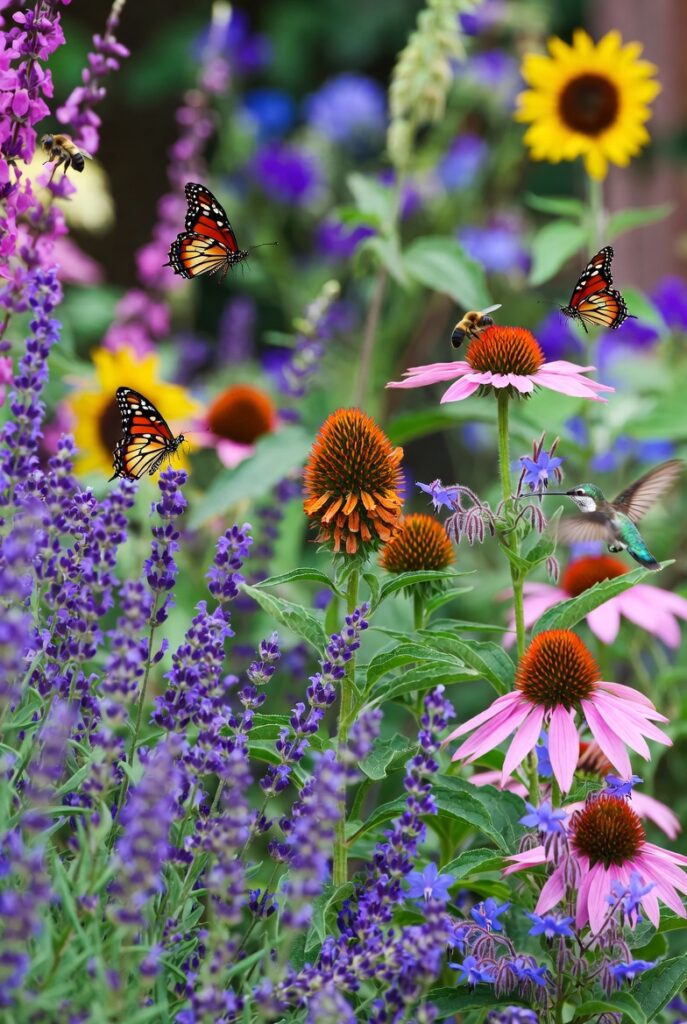<img data-src="pollinator-garden.jpg" alt="Attract pollinators and watch your garden transform - Beautiful pollinator friendly garden filled with flowers that attract bees, butterflies, hummingbirds and beneficial insects. Vibrant blooming native plants, lavender, coneflowers, milkweed, borage and sunflowers creating a buzzing ecosystem. Butterfly on flowers, bees collecting nectar, increased biodiversity and dramatically improved garden productivity. Learn how to attract pollinators to boost pollination, get bigger harvests and turn your backyard into a thriving wildlife habitat with pollinator garden design tips.">