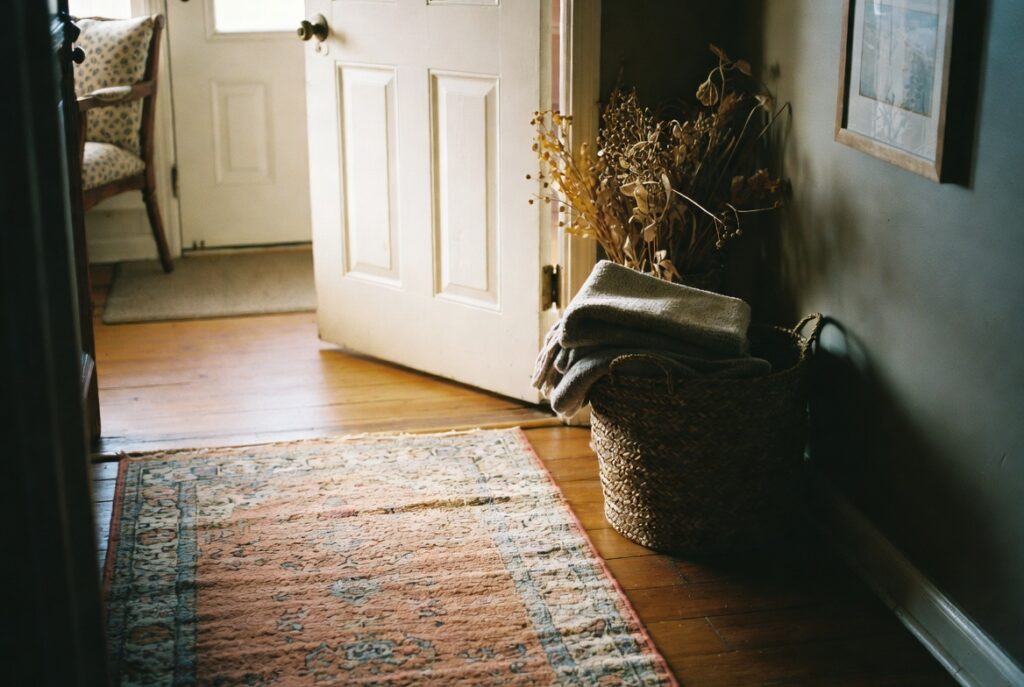 Cozy autumn entryway with warm-toned runner, basket of throws and dried botanicals near the door, soft light
