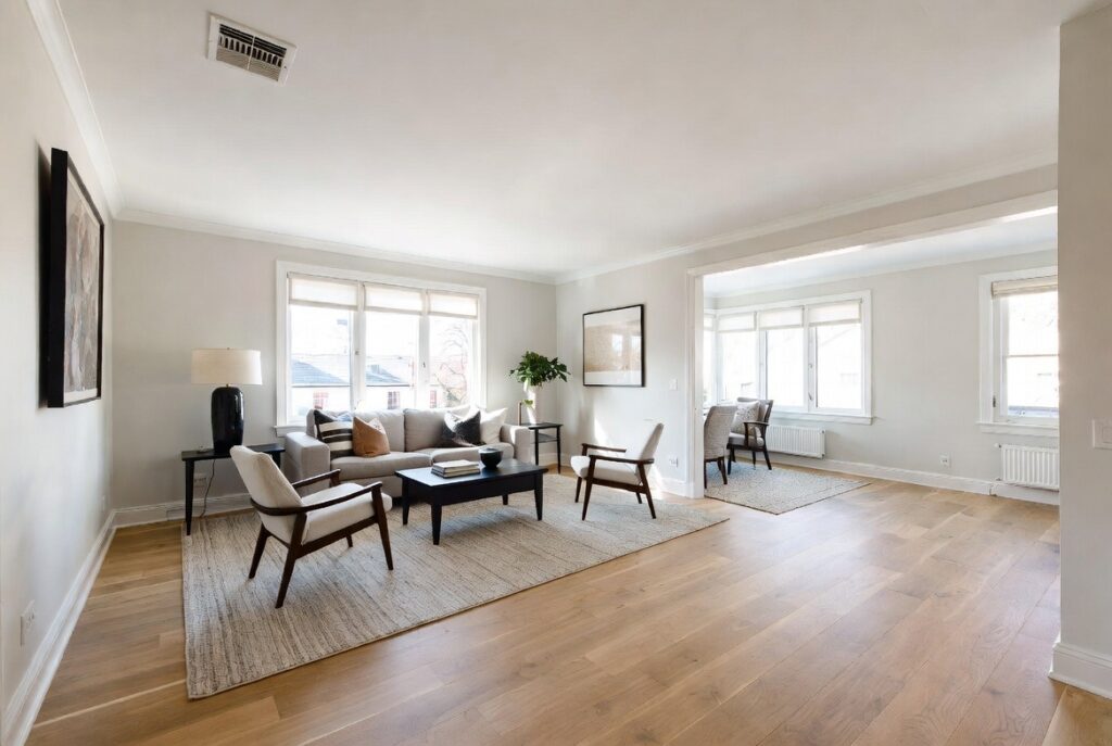 "Use rugs to create visual boundaries in open plan small living room - Area rugs defining seating zones while keeping spacious airy and open concept feel"
