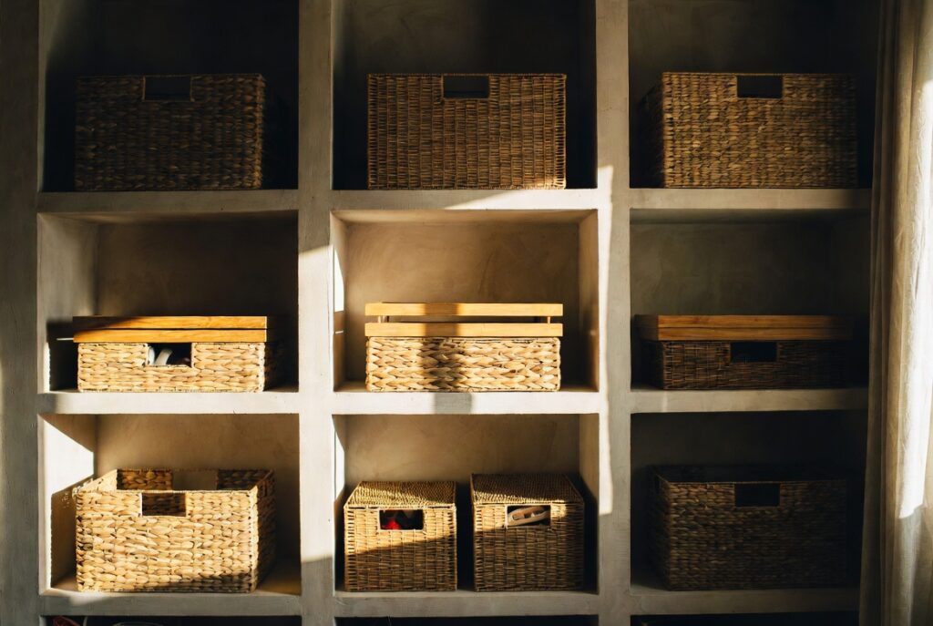 Shelves styled with matching seagrass baskets, rattan boxes and wood trays in warm living room, afternoon light