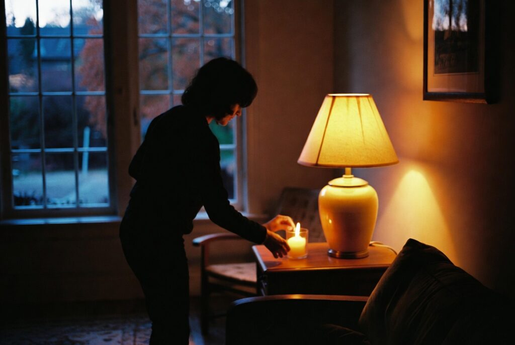 Person lighting a candle and switching on warm lamp in cozy living room at dusk in autumn, warm ambient light