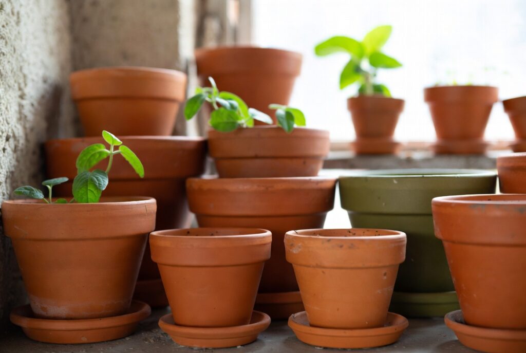 Handmade terracotta plant pots in warm rust and olive tones holding green plants on shelf, natural light