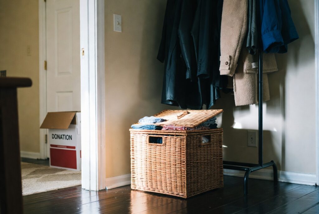 Neatly organized entryway basket beside coat rack with donation box nearby, warm natural light, tidy home entry