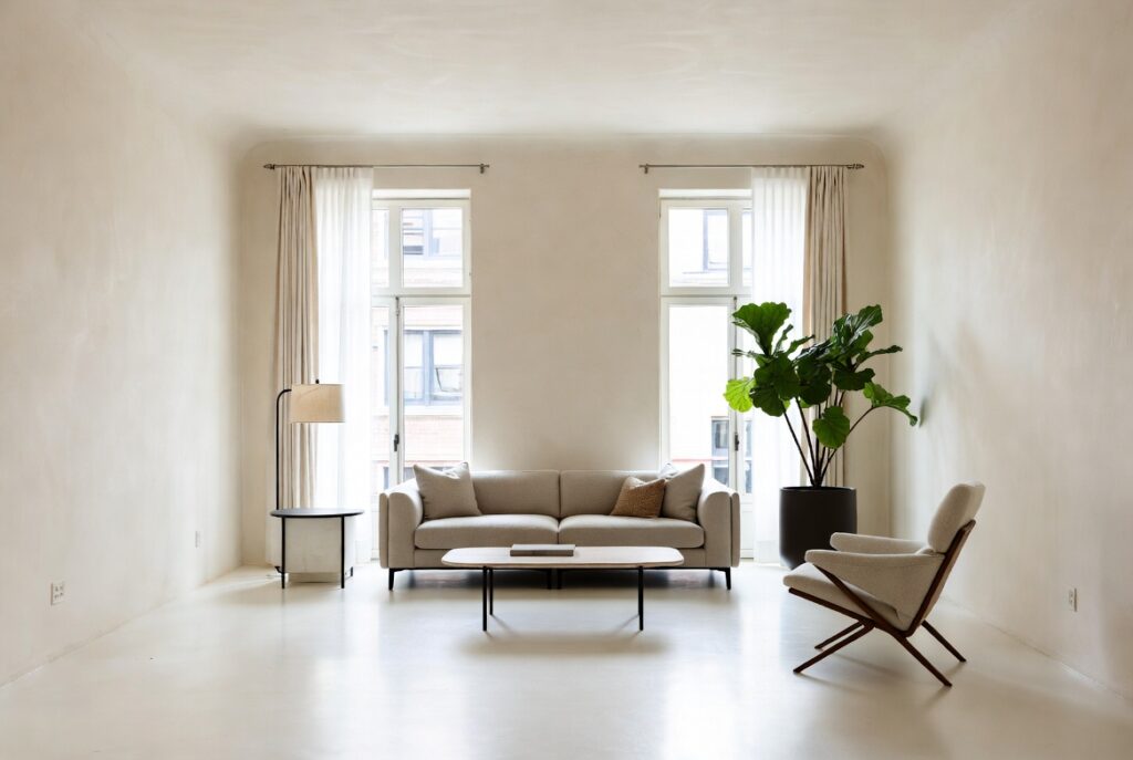 "Edit ruthlessly every piece must earn its place in small living room - Minimalist intentional design with only essential furniture creating maximum space openness and calm modern interior"