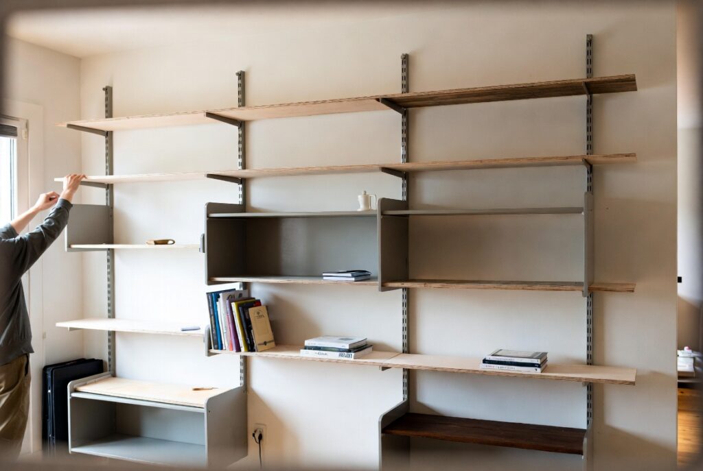 Modular adjustable shelving system in home office being reconfigured to new heights, natural daylight, candid
