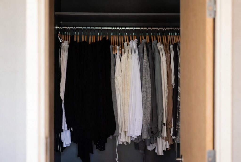 Organized minimal wardrobe with evenly spaced hangers, same-direction clothes and capsule color palette, natural light