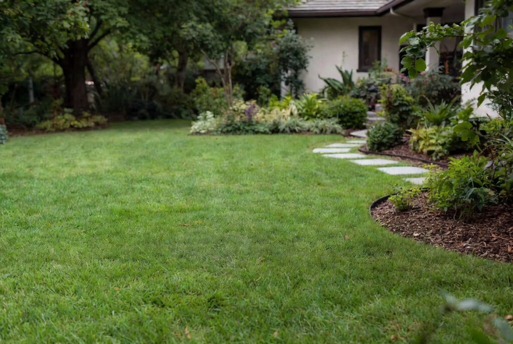 Manicured front lawn with razor-sharp garden bed edges, fresh green grass, clean stone path to welcoming home, natural light