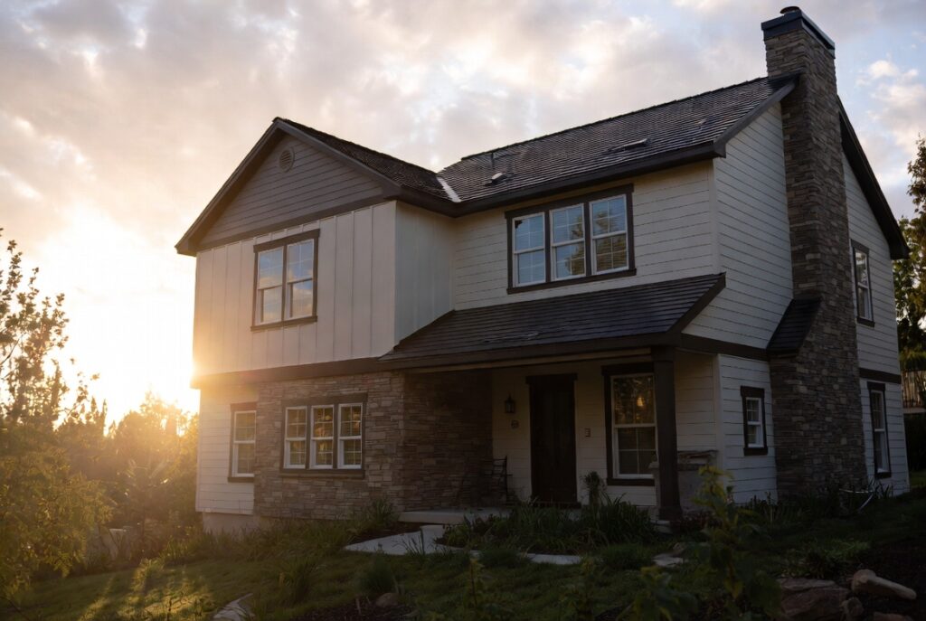 Home exterior with fiber cement siding, natural stone accent panels and dark trim, golden hour lighting