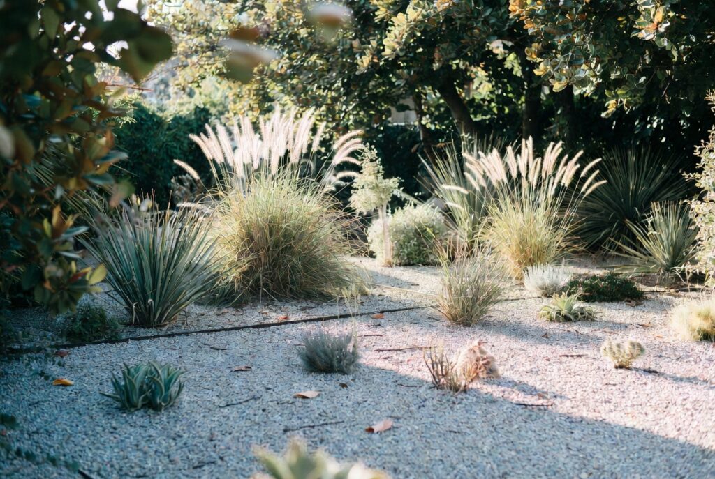 gravel landscaping ideas low maintenance yard ornamental grasses modern design