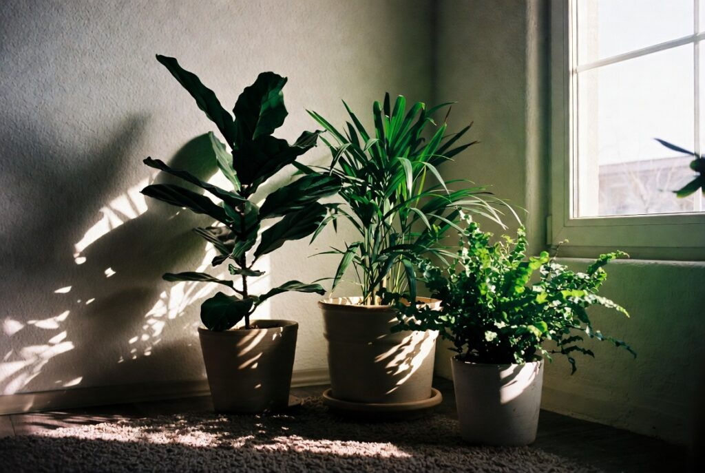 Cozy living room corner with three lush plants in matching pots, warm natural daylight, candid shot