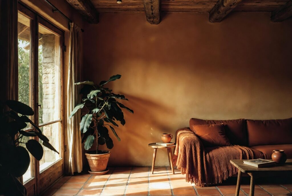 Warm living room in terracotta rust and ochre tones with earthy autumn accents, soft natural light