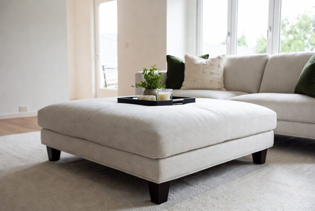 "Use an ottoman as coffee table in small living room to save space - Stylish multi-functional upholstered ottoman creating open flexible and spacious modern interior"