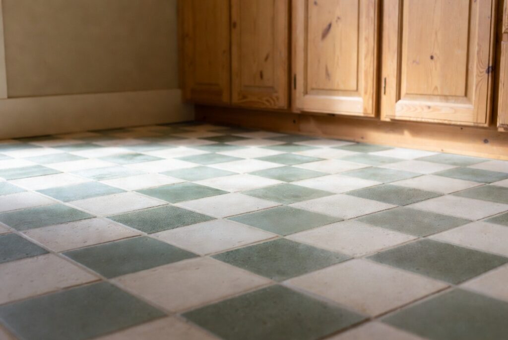 Kitchen with sage green and cream checkerboard honed tile floor, warm wooden cabinetry, natural light