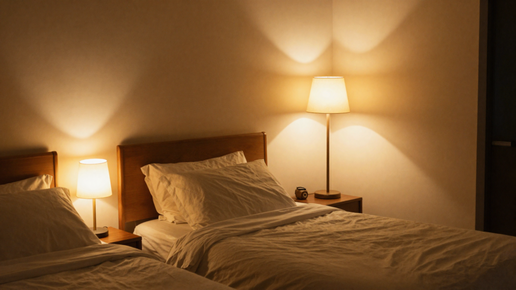 Alt Text: Restful bedroom with warm layered bedside lamp lighting creating a calm golden glow at night