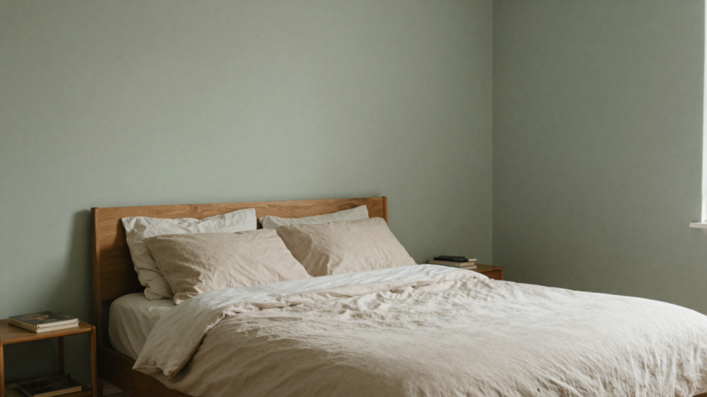 Alt Text: Calm bedroom in soft muted sage green and warm neutral tones for restful sleep
