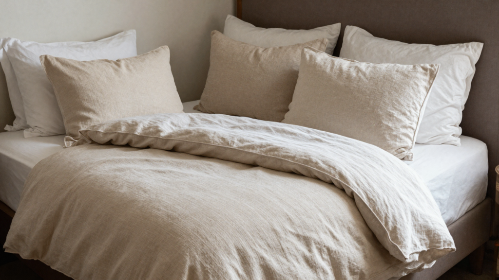 Alt Text: Luxurious layered bed with duvet quilt and linen pillows for an irresistible restful retreat
