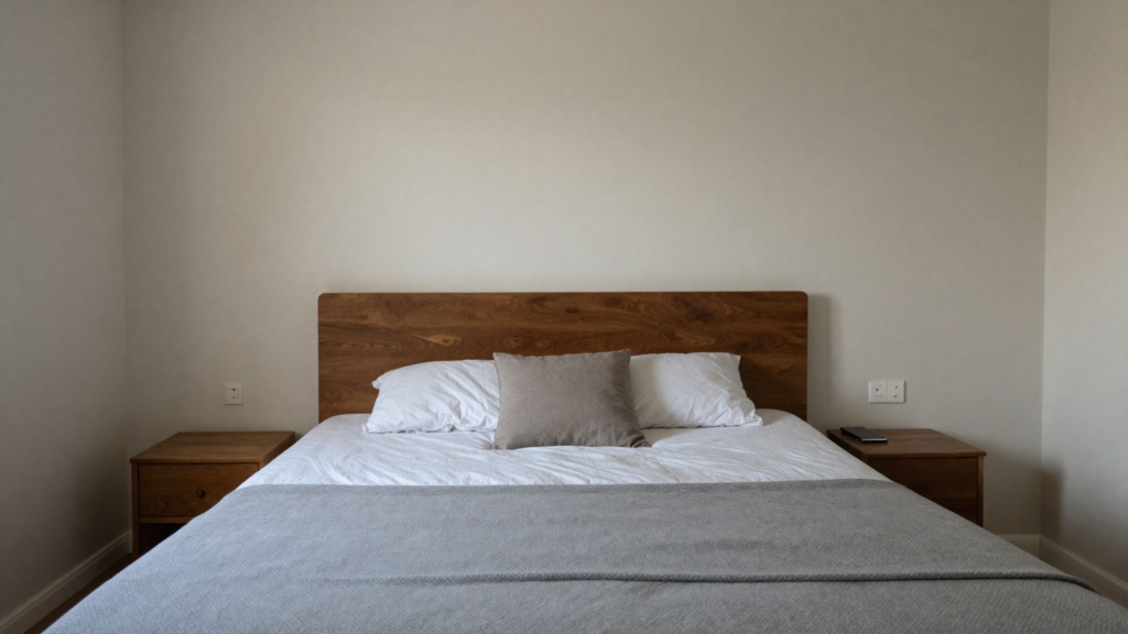 Alt Text: Balanced bedroom layout with bed against solid wall and equal space on both sides