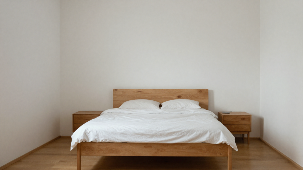 Alt Text: Calm minimal bedroom with clear surfaces and open serene space free of clutter