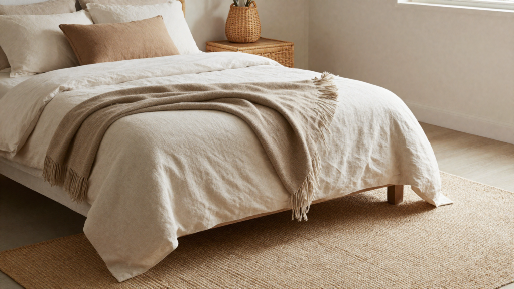 Alt Text: Luxurious bedroom layered with linen wool and rattan natural textures for a cozy feel