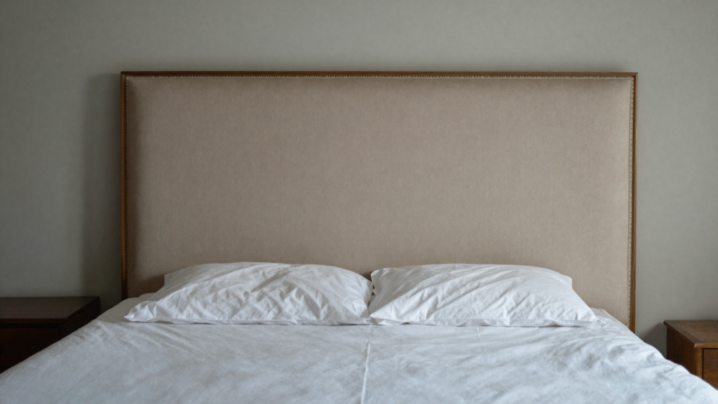Alt Text: Bedroom with elegant upholstered headboard anchoring the bed as a beautiful focal point
