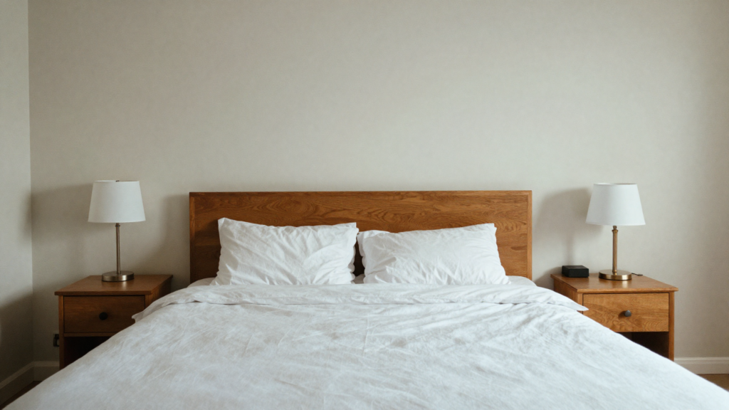 Alt Text: Bedroom with symmetrical matching nightstands and lamps creating balance and calm