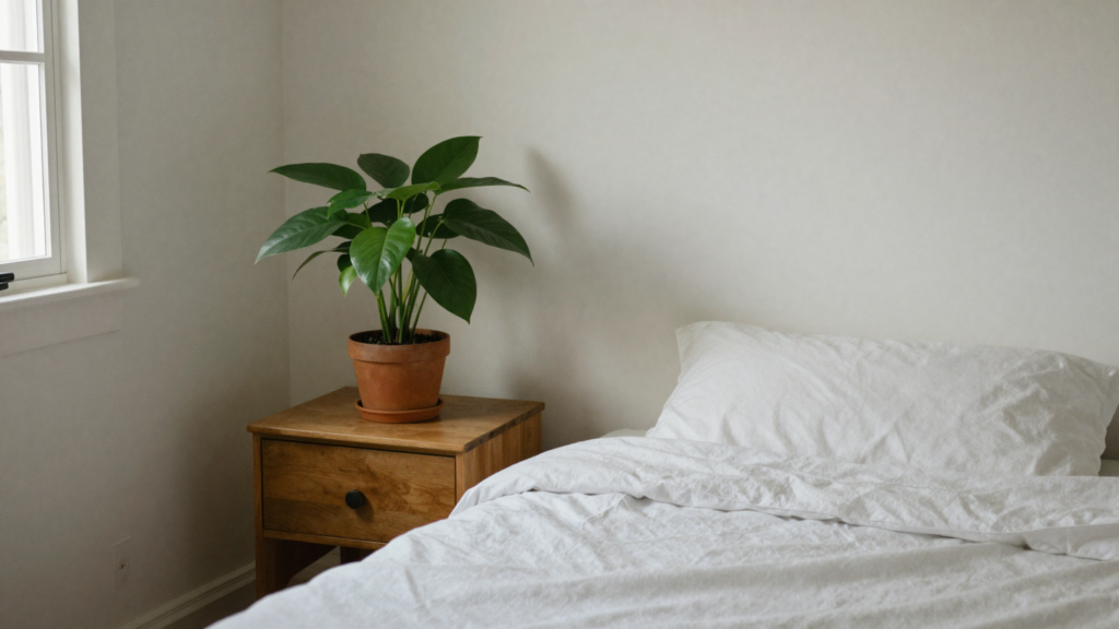 Alt Text: Serene bedroom with a low-light plant on the nightstand bringing fresh calm energy