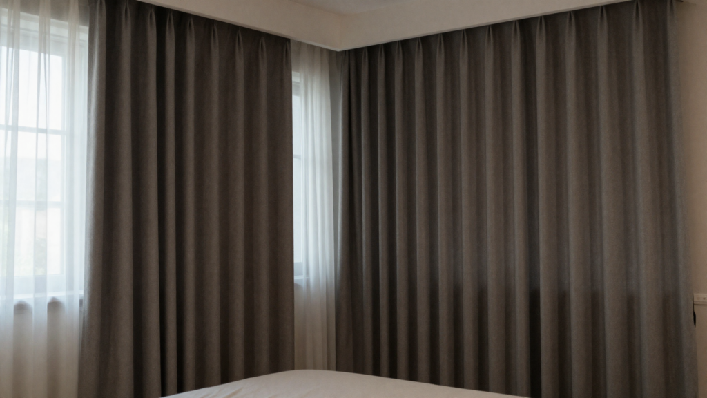Alt Text: Bedroom with layered blackout and sheer curtains hung high letting in soft morning light