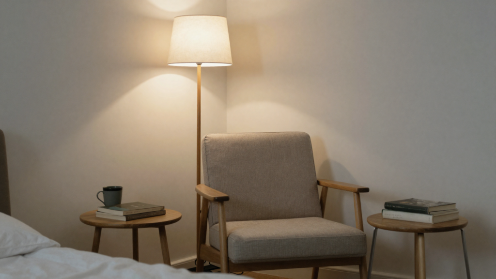 Alt Text: Cozy bedroom reading nook with comfortable chair soft throw and floor lamp in a corner