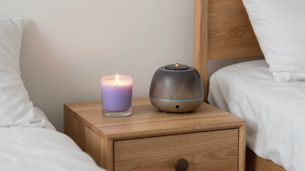 Alt Text: Calm bedroom nightstand with lavender candle and diffuser creating a restful sleep atmosphere
