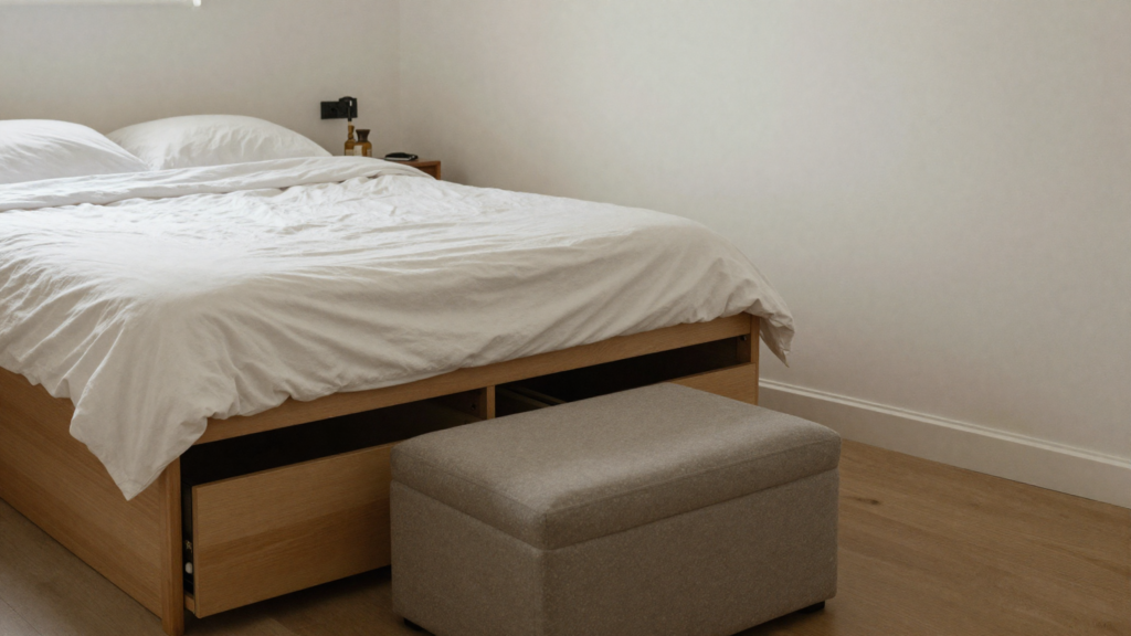 Alt Text: Serene bedroom with hidden under-bed storage and storage ottoman keeping the room tidy