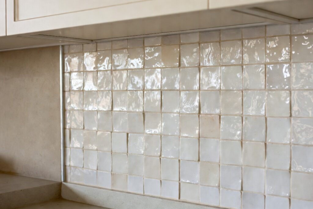 Kitchen backsplash with handmade zellige tiles in warm off-white catching light, natural daylight
