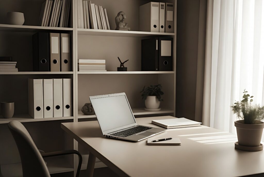 Clean minimal home office desk with only current work on surface and organized shelves behind, natural window light