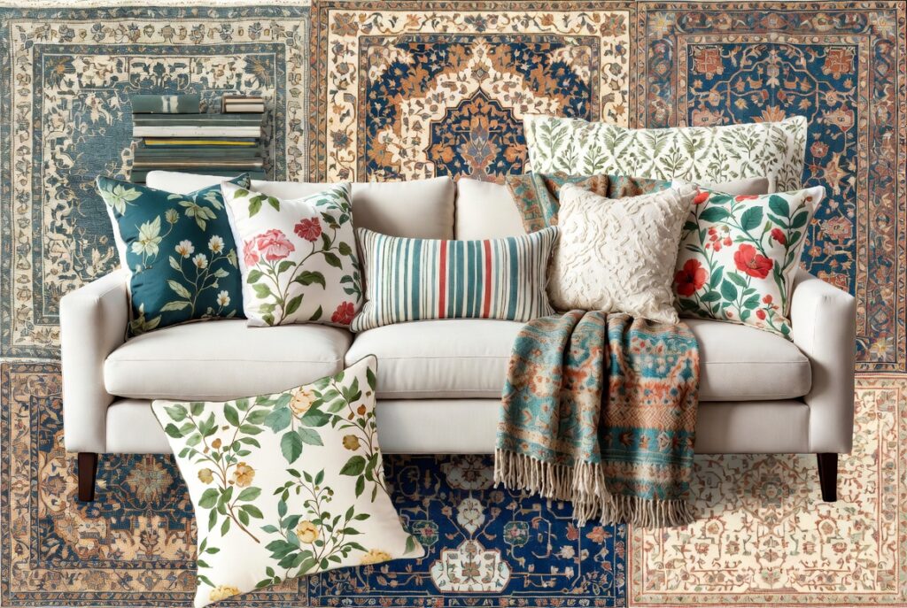 <img data-src="layering-patterns-living-room.jpg" alt="How to layer patterns without giving yourself a headache - Expert interior design guide showing beautiful successful pattern mixing in a living room. Harmonious layering of different patterns including floral pillows, striped rug, geometric throw blanket, and subtle textured curtains creating depth and interest without looking chaotic. Professional tips for mixing patterns in different scales, colors and styles for a stylish cohesive look. Learn how to layer patterns confidently in home decor for a sophisticated collected interior design.">