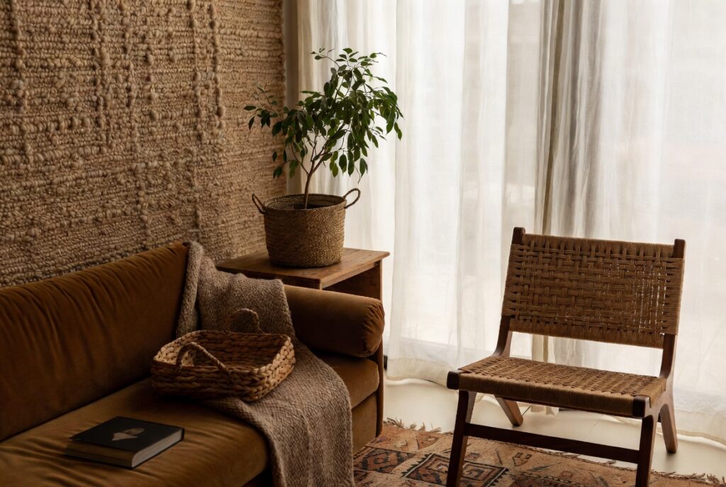 Cozy room mixing wool boucle, velvet and woven textures in warm autumn tones, soft natural light