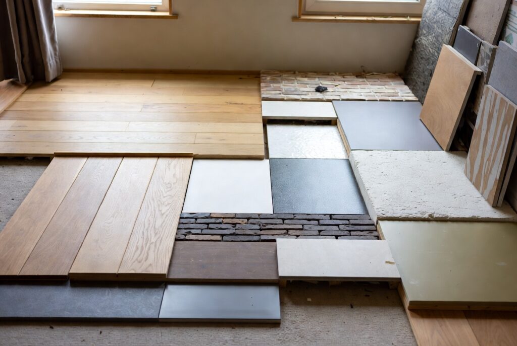 Flooring and wall samples laid together on floor showing material system in natural room light