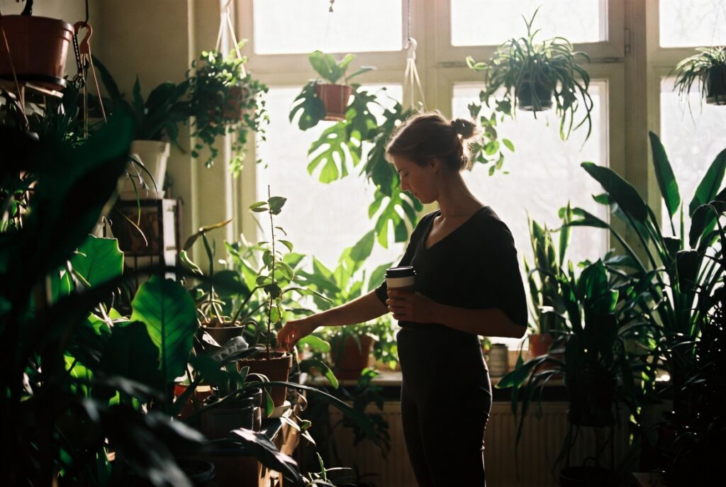 Person checking plant leaves and soil with coffee cup in sunlit plant-filled room, morning natural light, candid shot