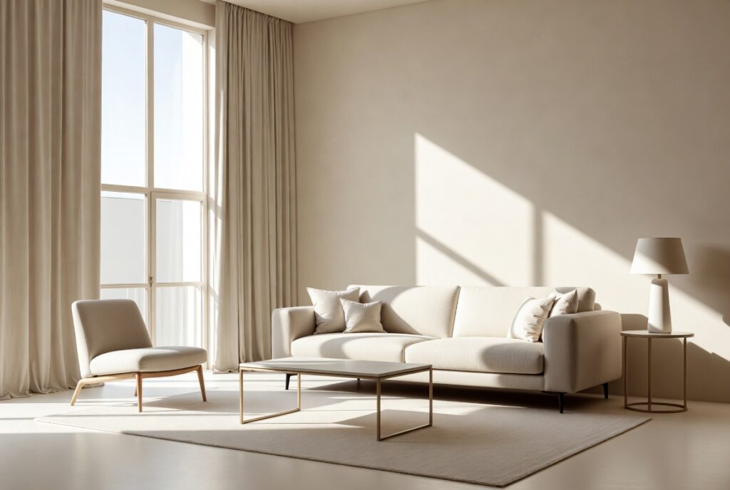 "Use a monochromatic color scheme in small living room to make space feel bigger - Sophisticated beige and cream tones creating seamless unified and spacious modern interior design"