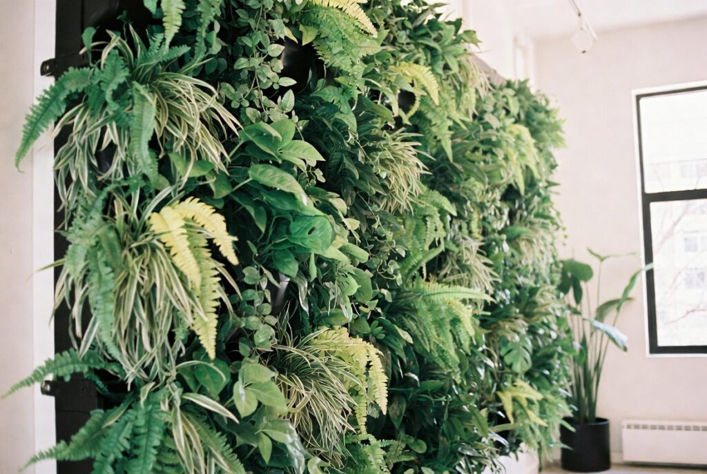 Lush living green wall of ferns and trailing plants in bright modern room, natural light, candid shot