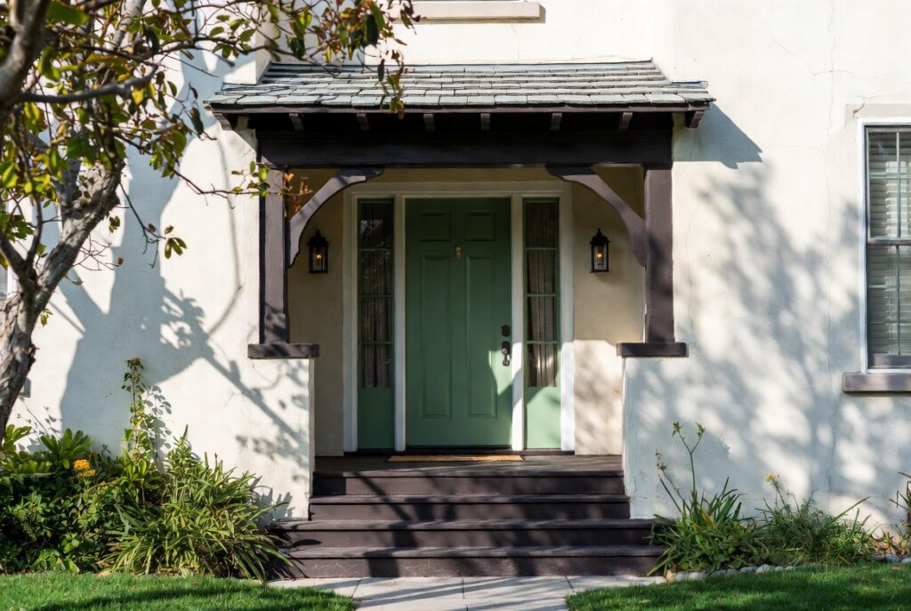 Bold colored front door painted in moody earthy tone for high curb appeal impact